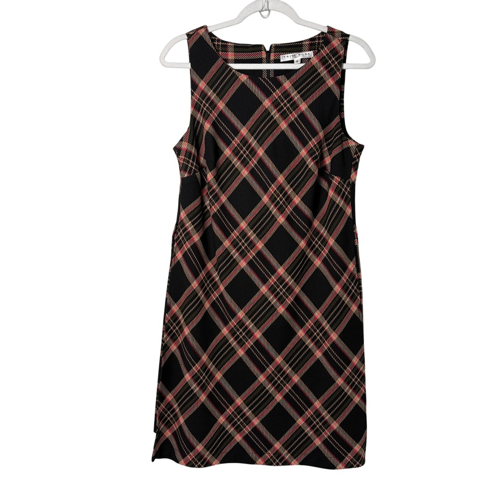 Trina Turk Brynne Plaid Shift Dress Size 8 Black Tan Sleeveless Academia Mini